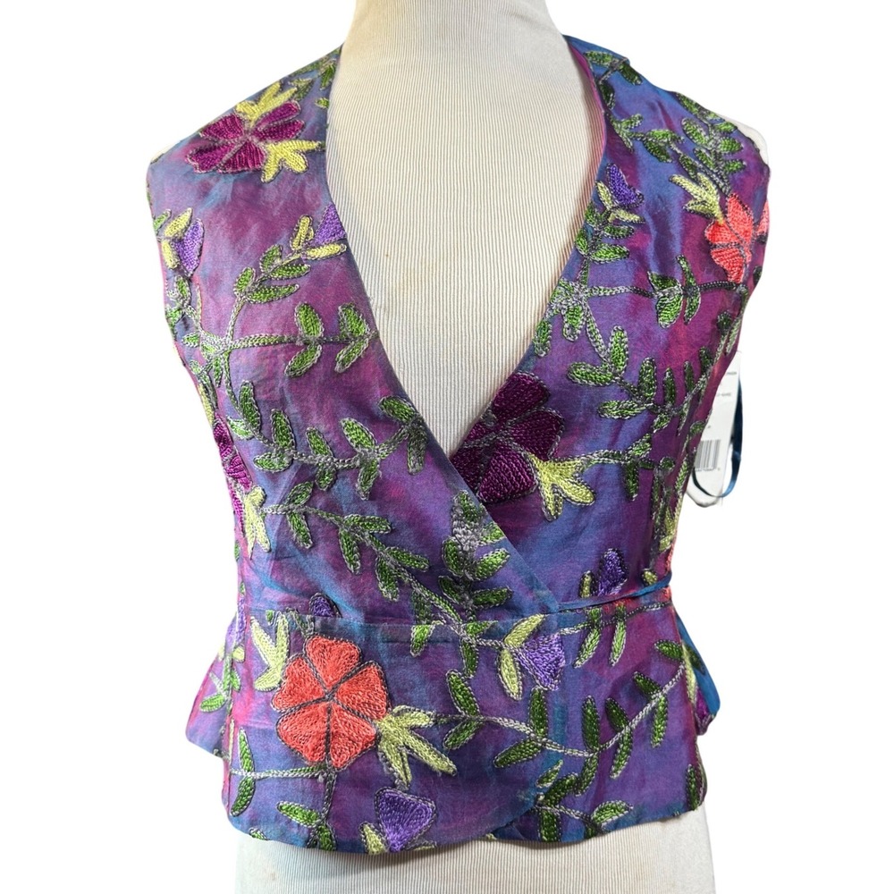 Finity Studio Blouse Womens 4 Silk Embroidered Halter Wrap Iridescent Fairycore